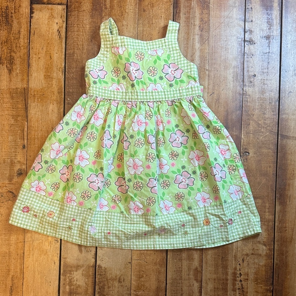 Brooks Fitch dress 4T Vintage Green Floral dress spring Easter cotton gingham